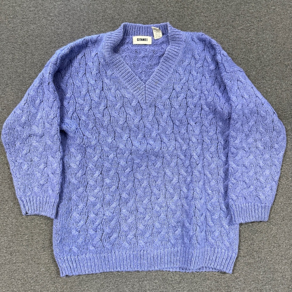 Vintage Gitano Cable Knit Sweater Womens Large Blue Good Mohair V-Neck
